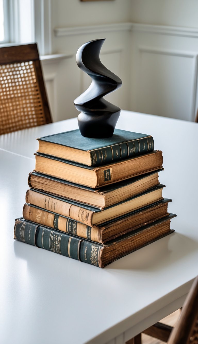 A stack of vintage books with a small sculpture on a white dining table.