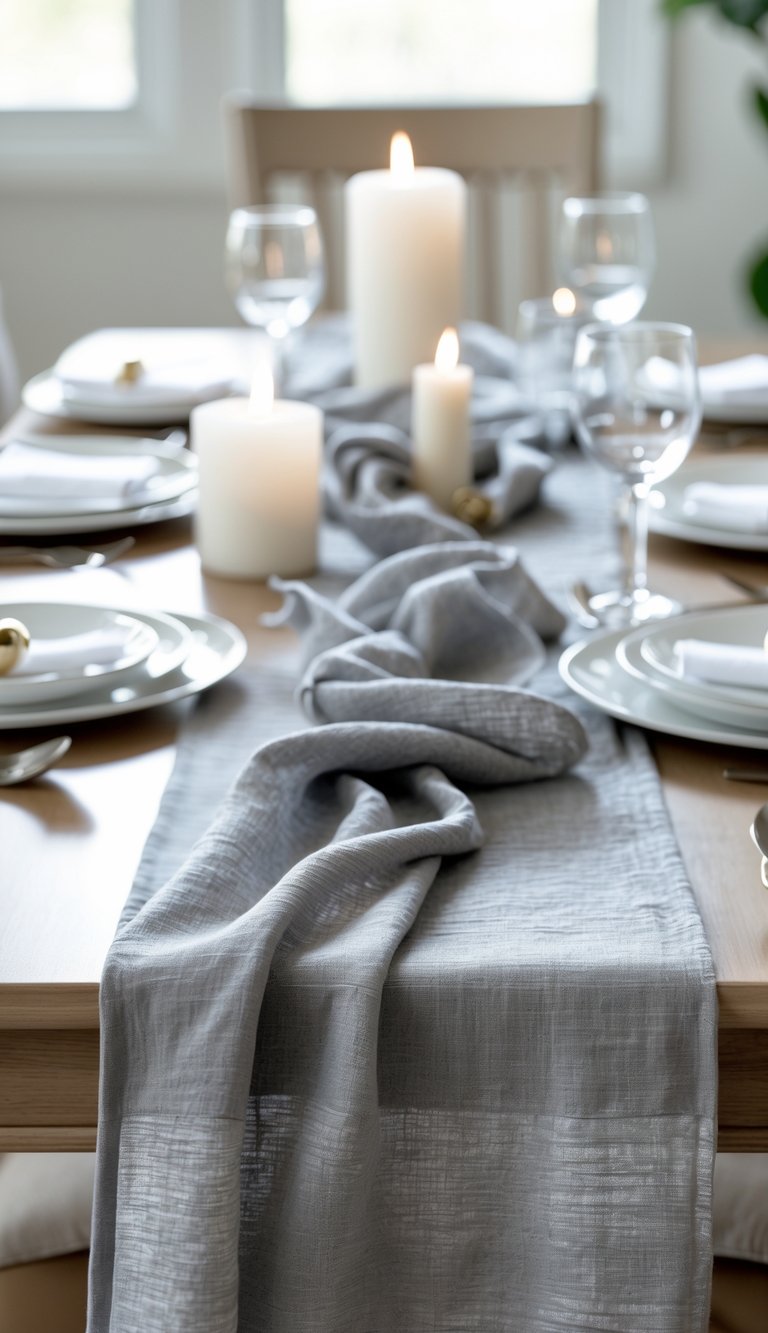 A dining table with a soft gray table runner and white plates, napkins, and candles arranged neatly.