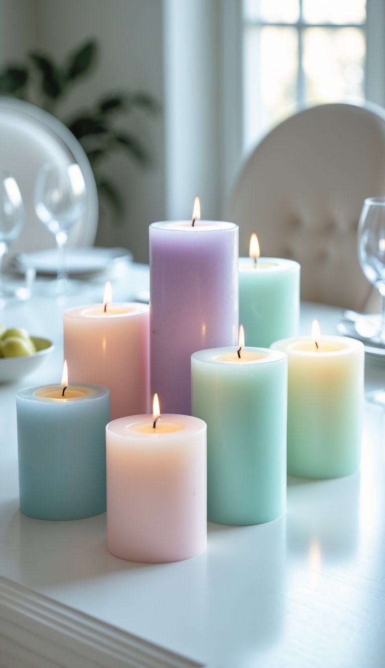 A cluster of pastel-colored pillar candles arranged on a white dining table.