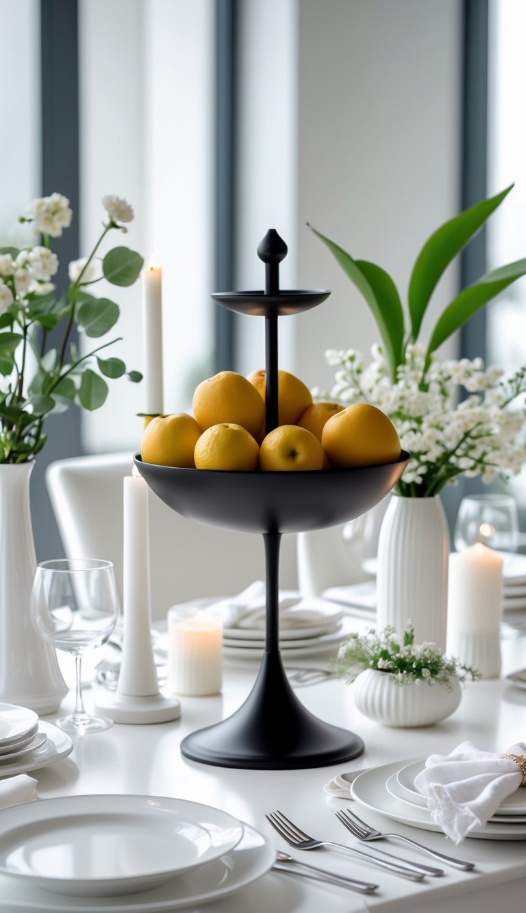 A black metal fruit stand on a white dining table surrounded by various white dining decor items including plates, vases, candles, napkins, and flowers.