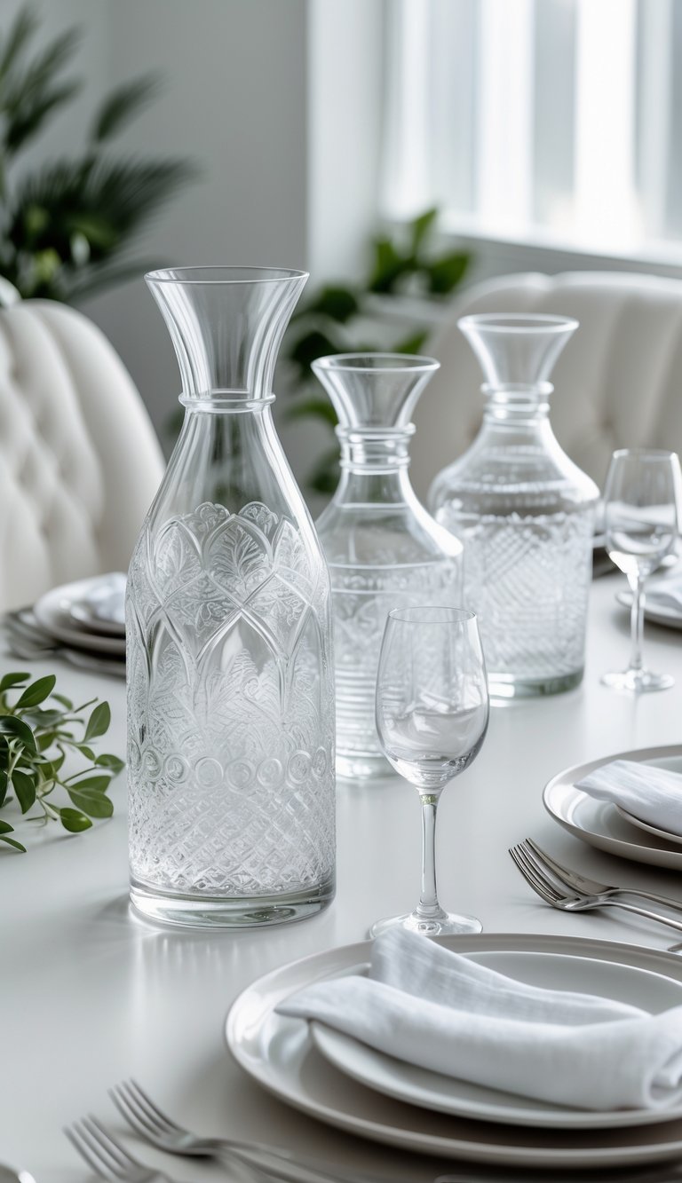 Clear glass water carafes with etched designs arranged on a white dining table with white tableware and greenery.