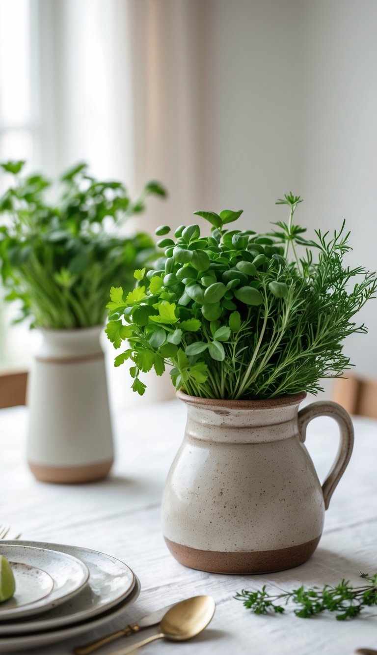 A white dining table with a ceramic jug filled with fresh green herbs as a centerpiece.