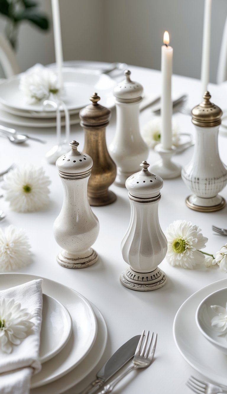 A small collection of antique salt and pepper shakers displayed on a white dining table surrounded by various white dining decor items.