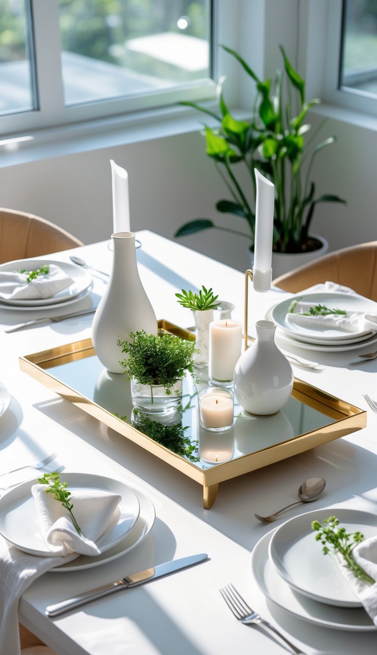 A white dining table with a mirrored tray reflecting natural light, decorated with white vases, green plants, and candles.