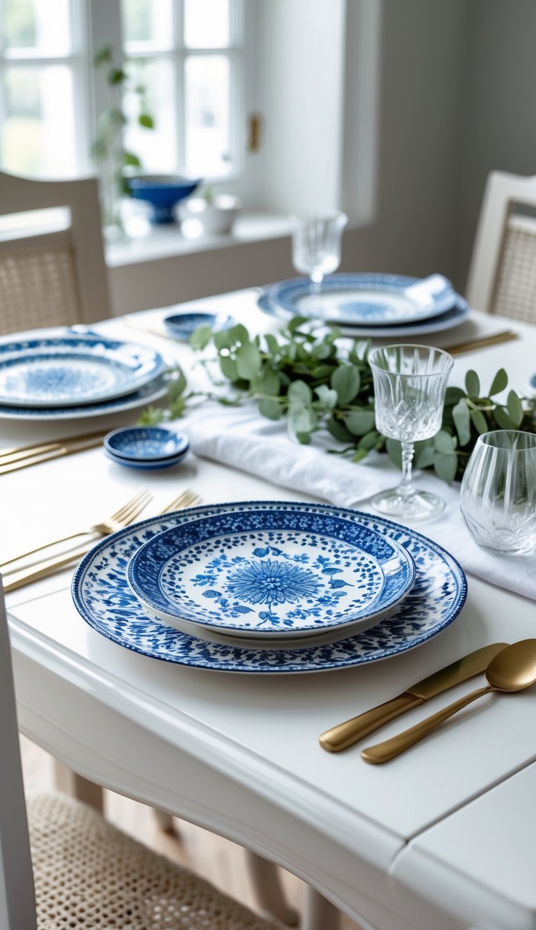 A white dining table set with patterned blue and white ceramic plates, simple greenery, and glassware.