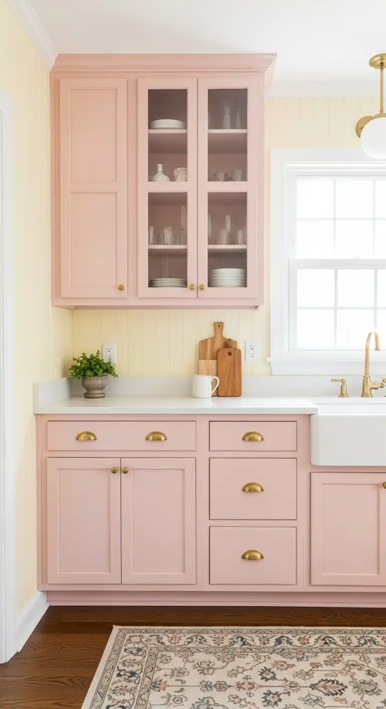 1. Pastel Perfection Soft Pink Cabinets and Butter Yellow Walls