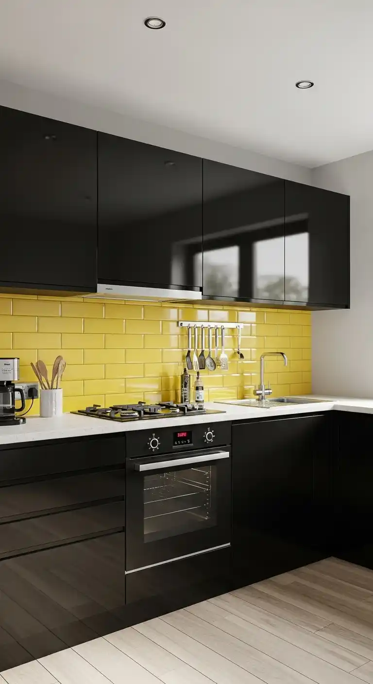 1. Sleek Modern Black and Yellow Kitchen with High-Gloss Finishes