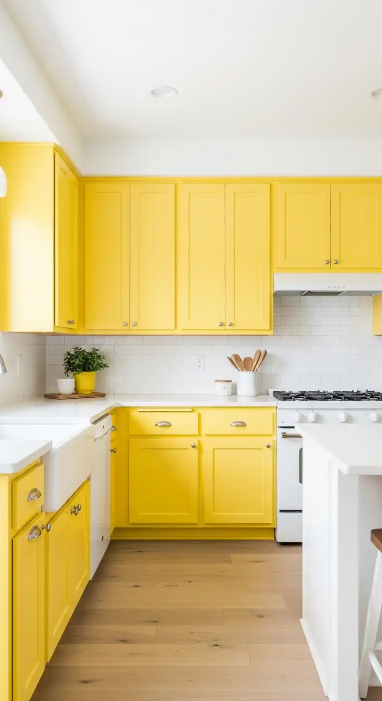 1. Sunny Yellow Cabinets with White Countertops