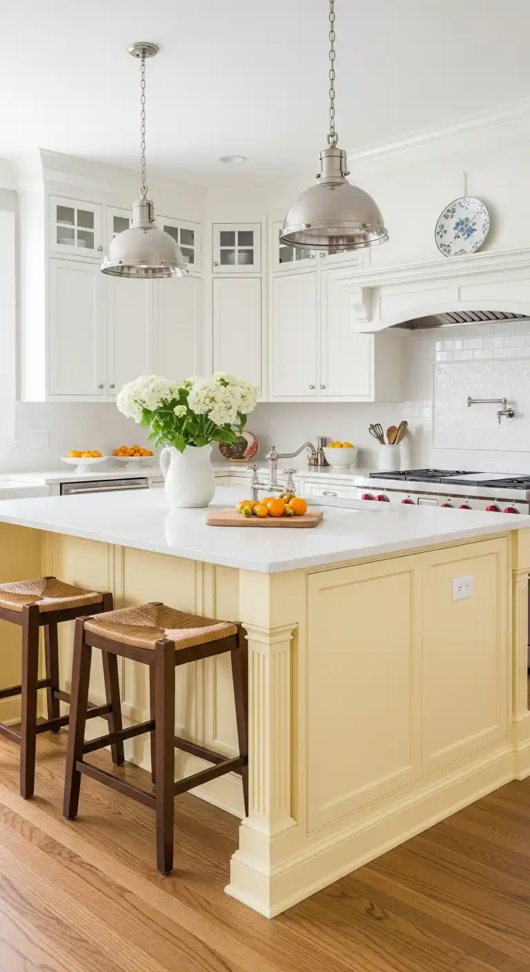 1. The Butter Yellow Island with White Cabinets