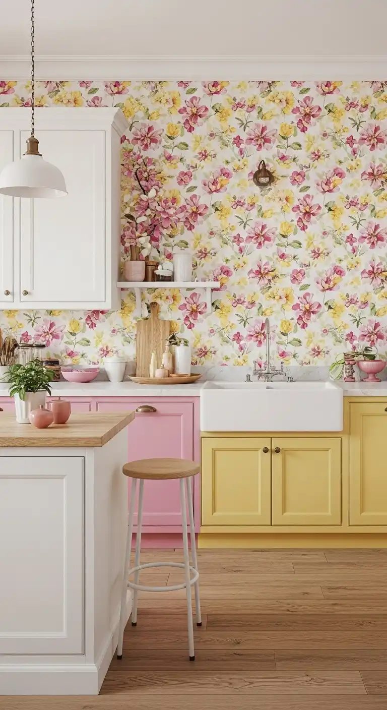 10. A Touch of Floral Pink and Yellow Floral Wallpaper