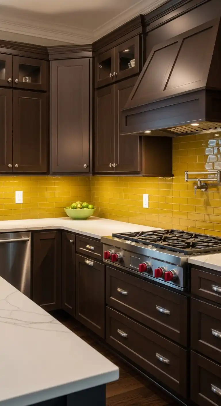 11. A Goldenrod Backsplash Paired with Dark Cabinetry