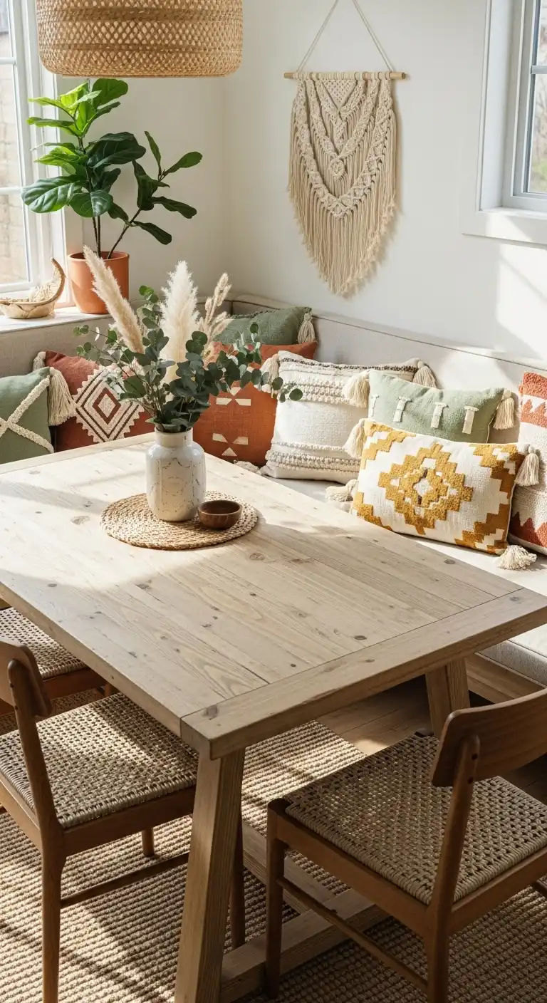 11. Boho-Inspired Corner Dining Table with Bench
