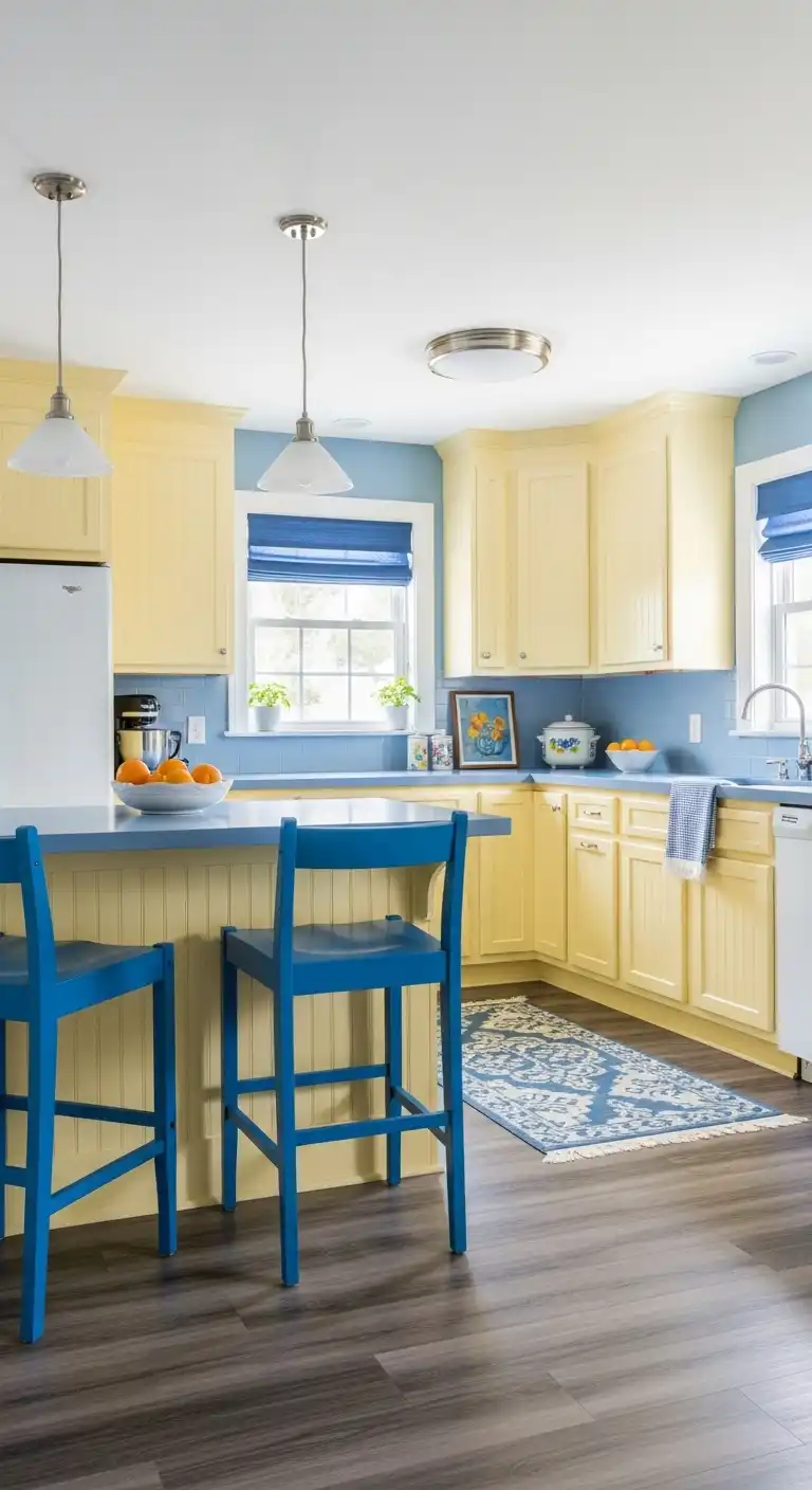 11. Light Yellow Kitchen with a Pop of Blue
