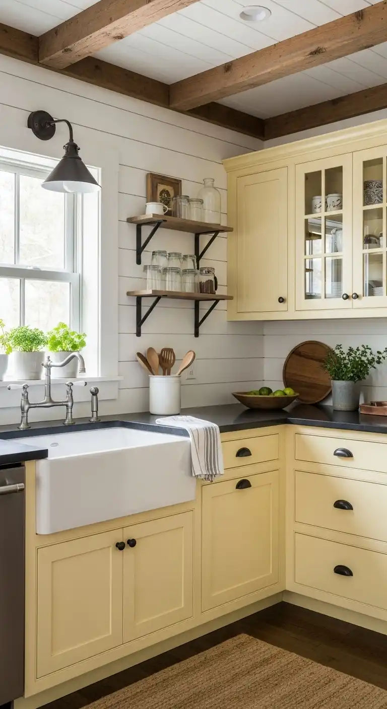 12. A Farmhouse Vibe with Pale Yellow Cabinets
