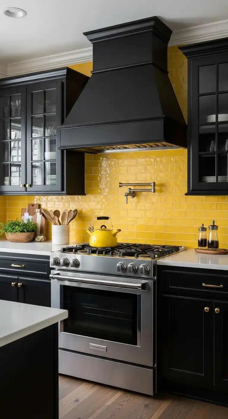 12. Black and Yellow Kitchen with a Bold Backsplash