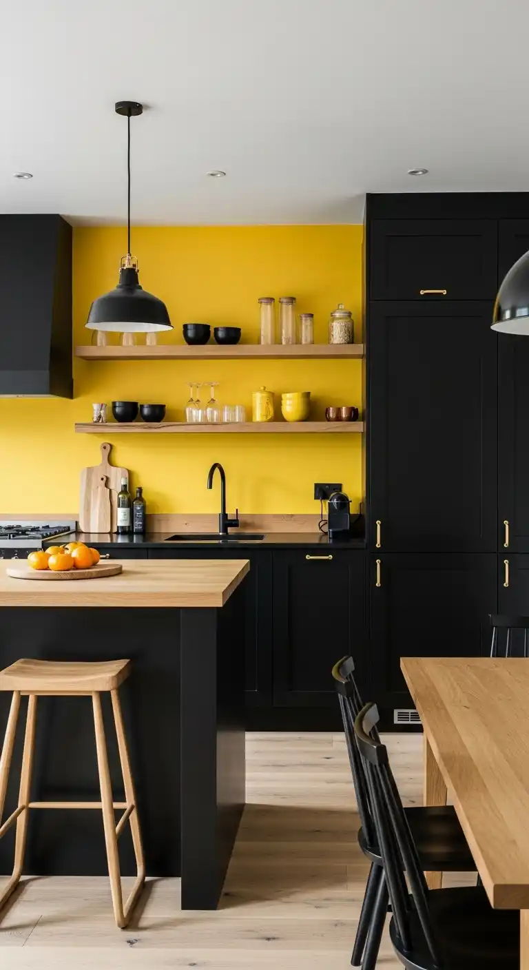 13. Black and Yellow Kitchen with Natural Wood Tones