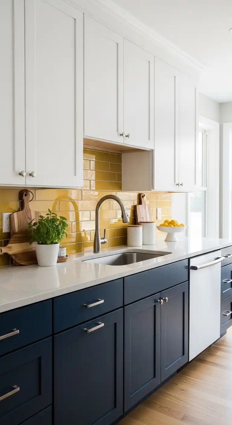 13. Mix-and-Match Yellow Backsplash and Two-Tone Cabinets