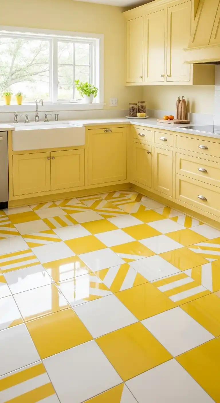 14. A Bold Floor in a Pastel Yellow Kitchen