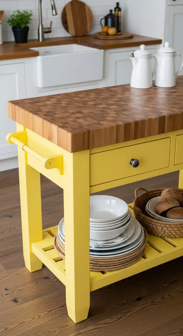 14. A Yellow Kitchen Island with a Butcher Block Top
