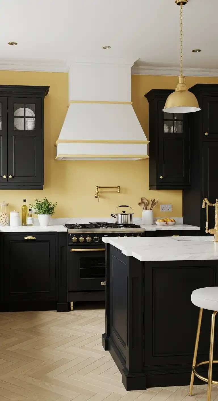 14. Classic and Elegant Black and Yellow Kitchen