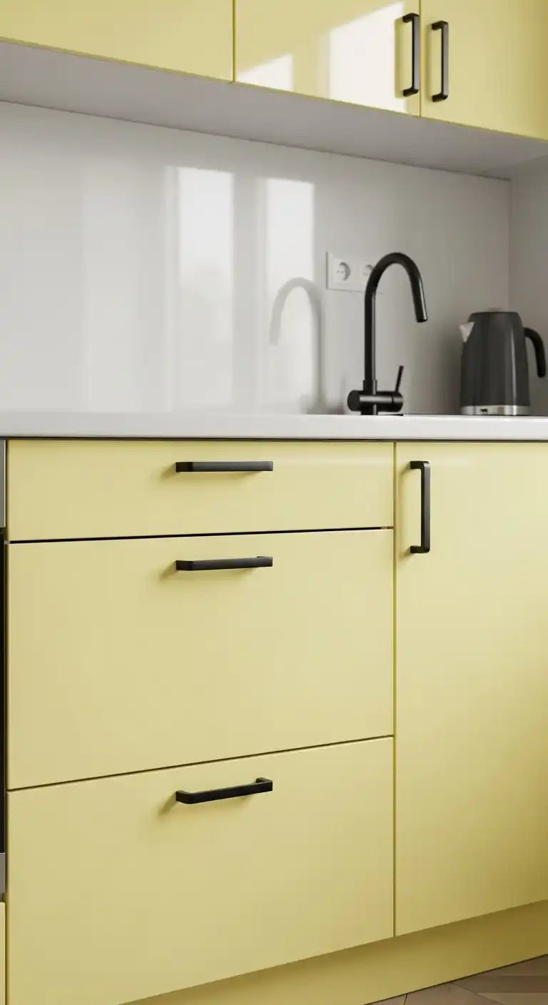 14. Light Yellow Cabinets with Black Hardware
