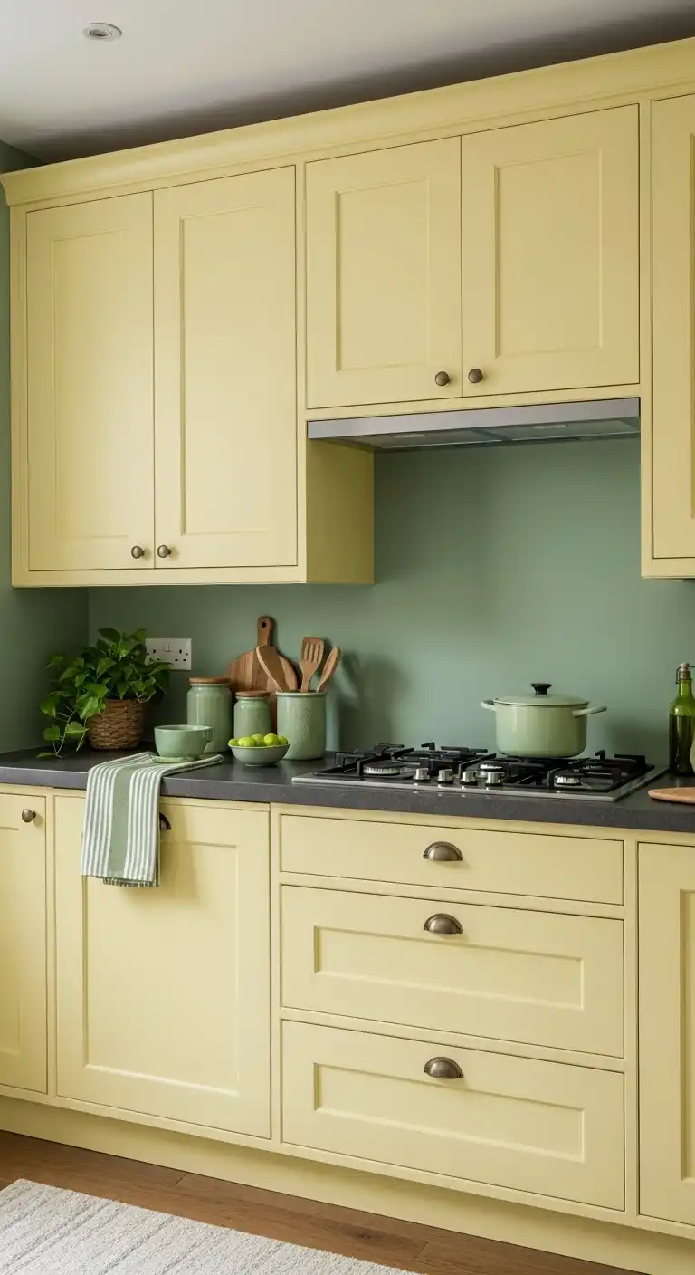 14. Pale Yellow Cabinets with a Pop of Green