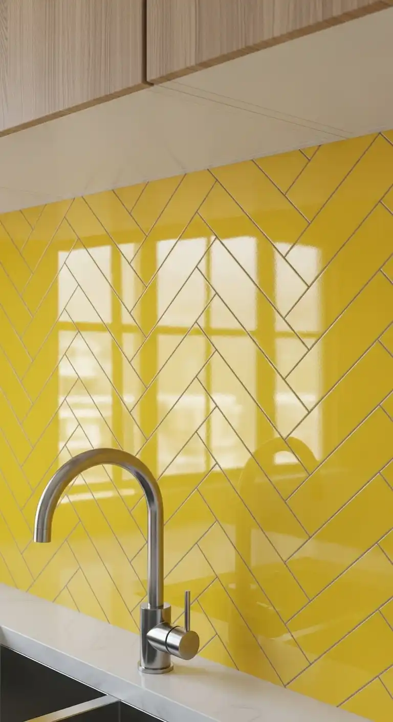 14. Subway Tiles with a Twist Herringbone Yellow Backsplash