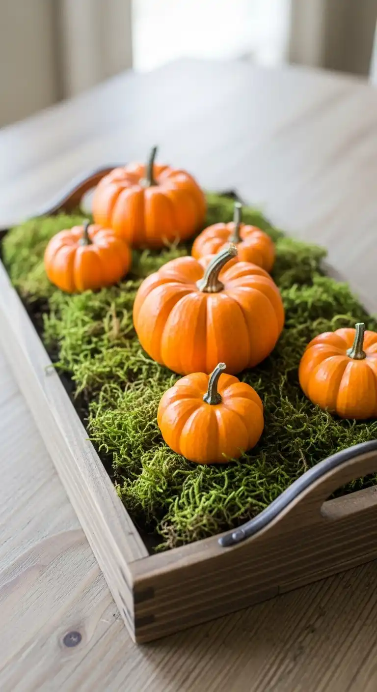 15) Rustic wooden trays with moss and tiny pumpkins