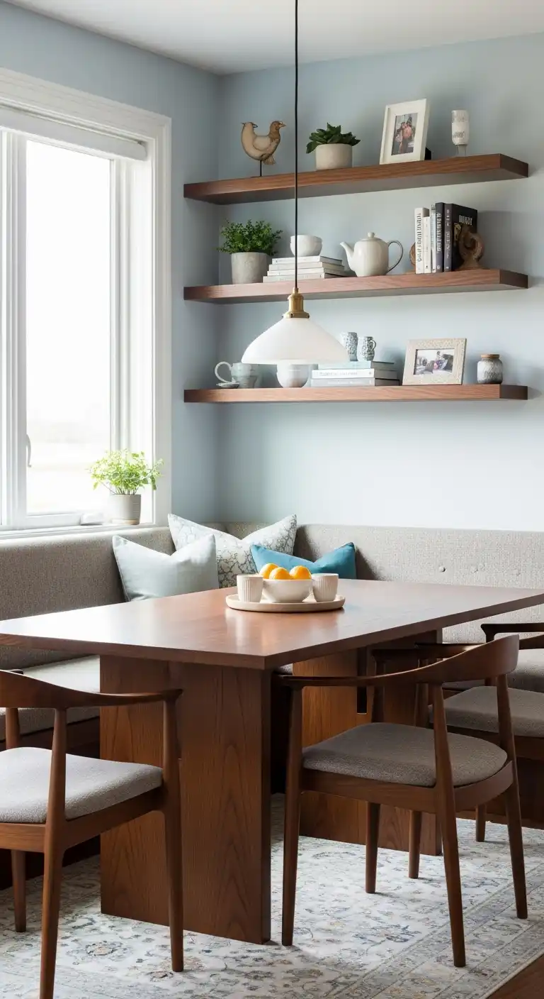 15. Corner Dining Table Nook with Shelves