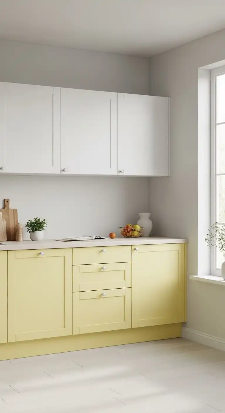 15. Pastel Yellow and White Cabinets