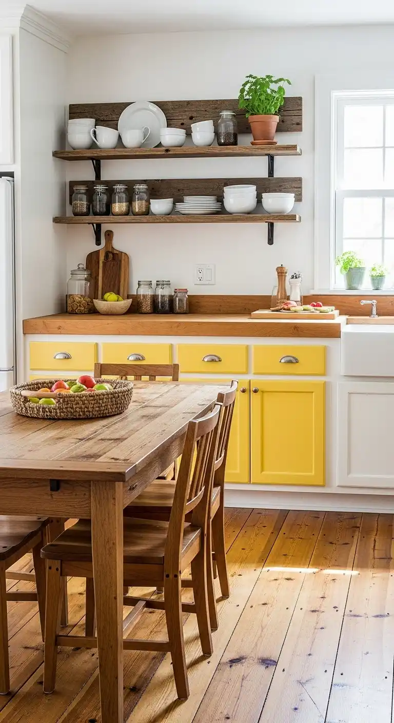 15. Rustic Wooden Elements in a Yellow and White Kitchen