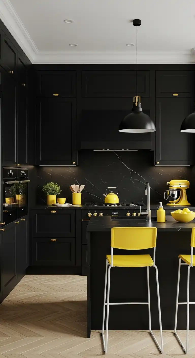 15. The All-Black Kitchen with Yellow Accents