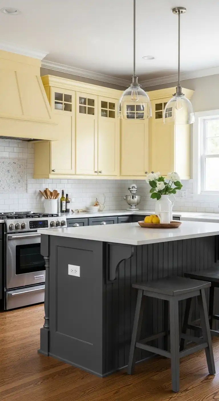 15. The Two-Tone Kitchen Pale Yellow and Gray