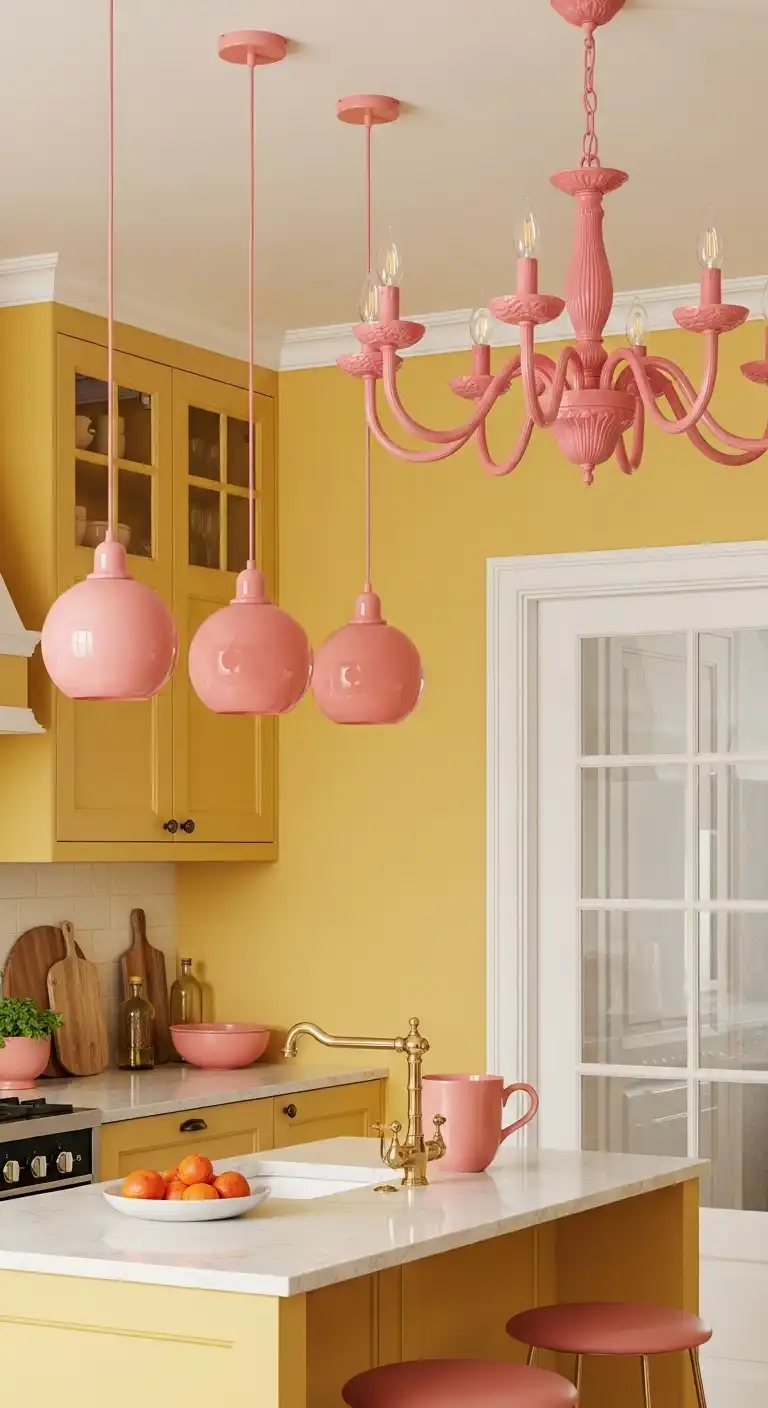 16. A Rosy Glow Pink Lighting Fixtures in a Yellow Kitchen
