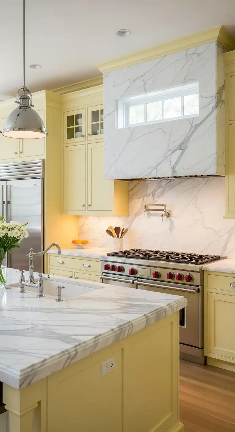 17. Light Yellow Kitchen with Marble Accents