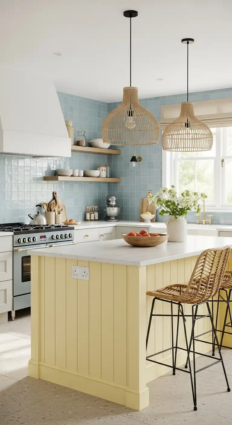 17. The Pastel Yellow Island in a Coastal Kitchen