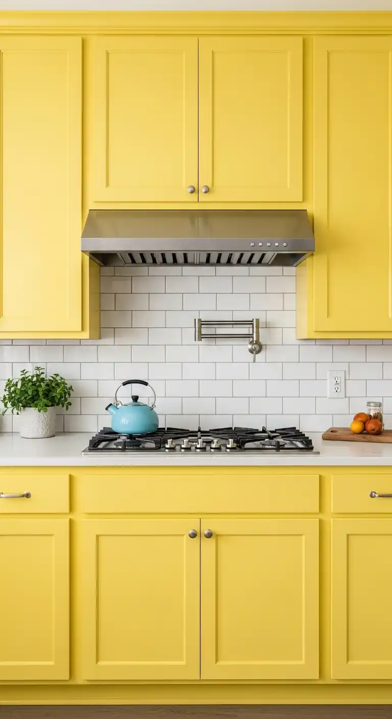 17. Yellow Cabinets with Subway Tile Backsplash