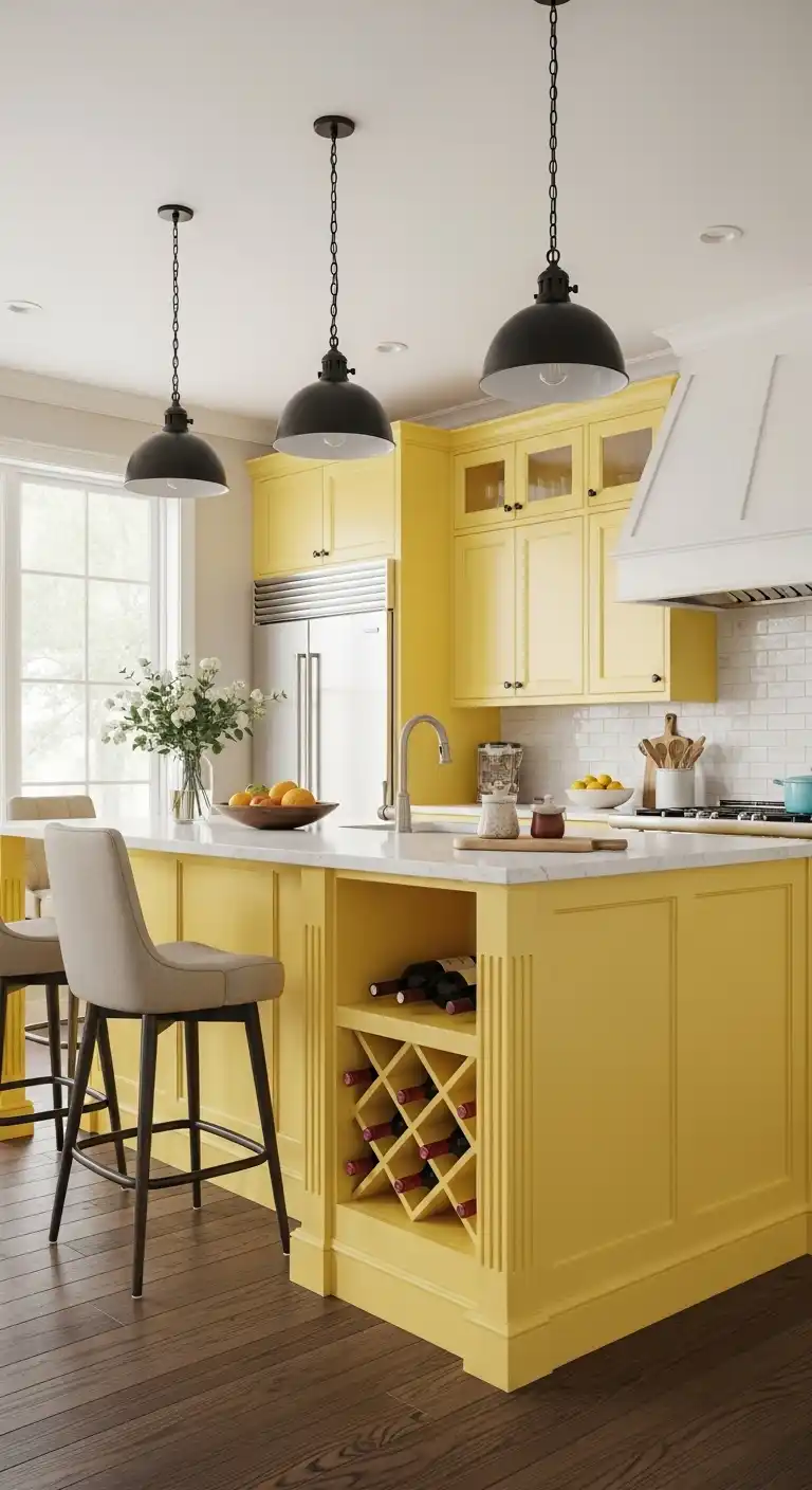 18. A Yellow Island with a Built-in Wine Rack