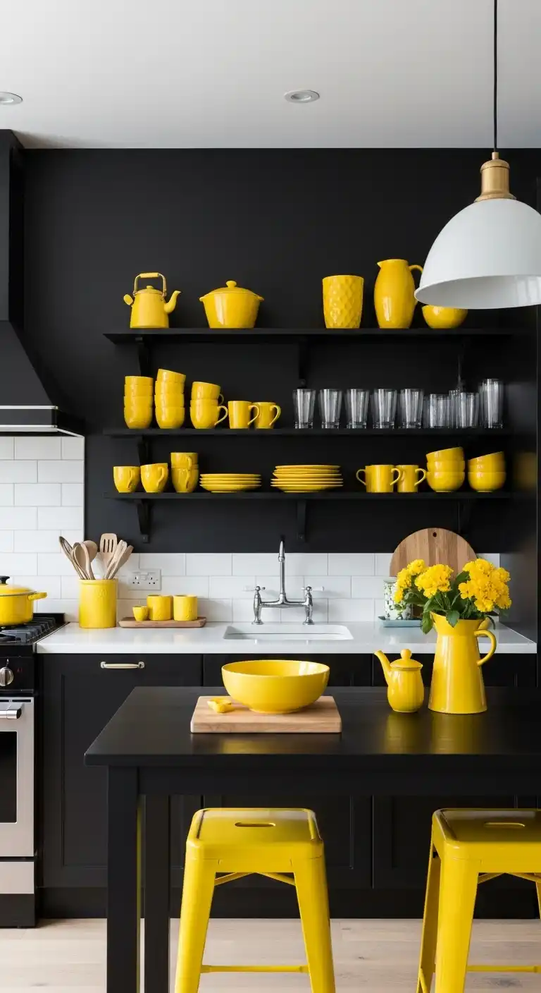 18. Black and Yellow Kitchen with Open Shelving