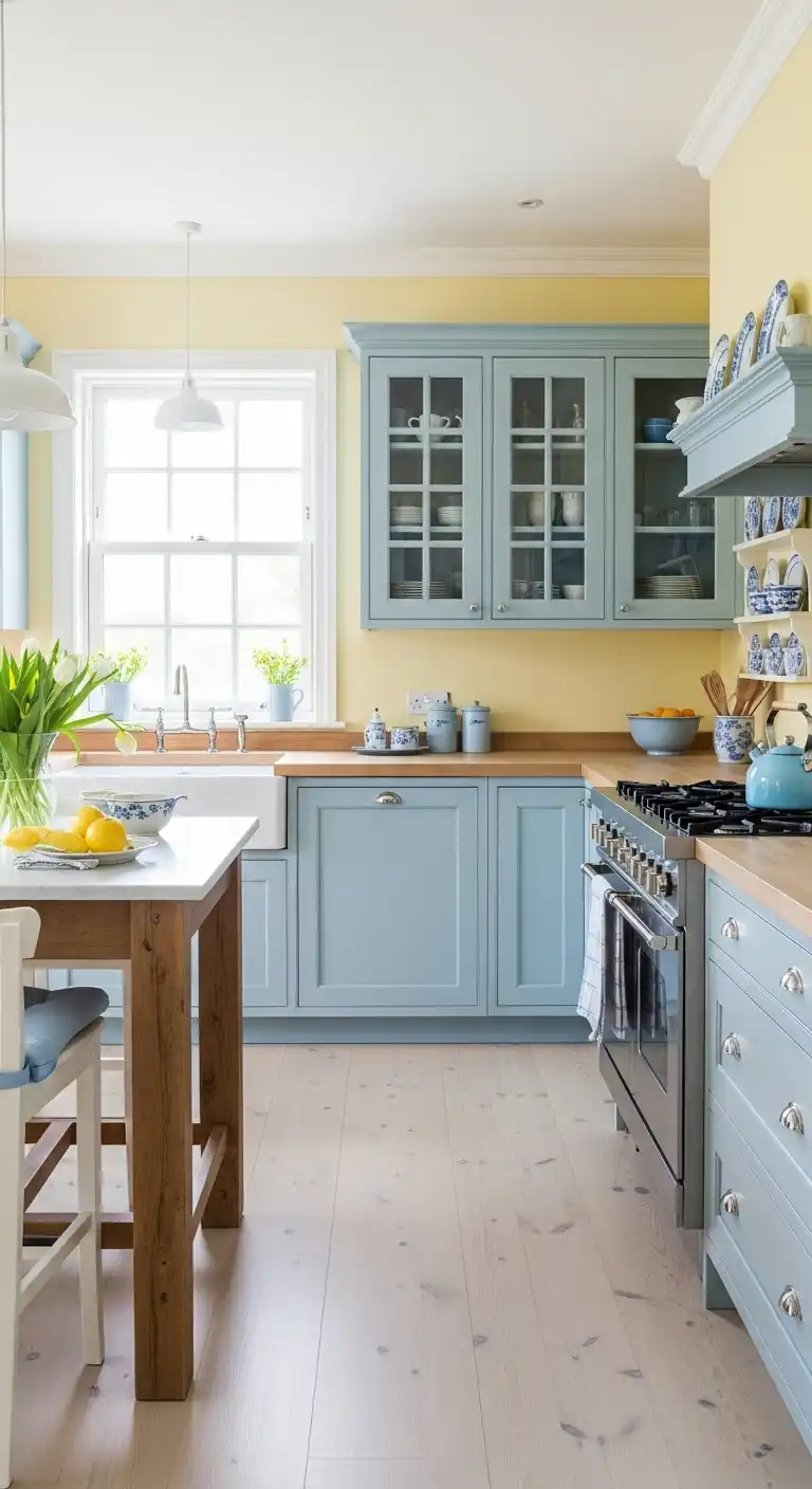19. A Blue and Pastel Yellow Kitchen
