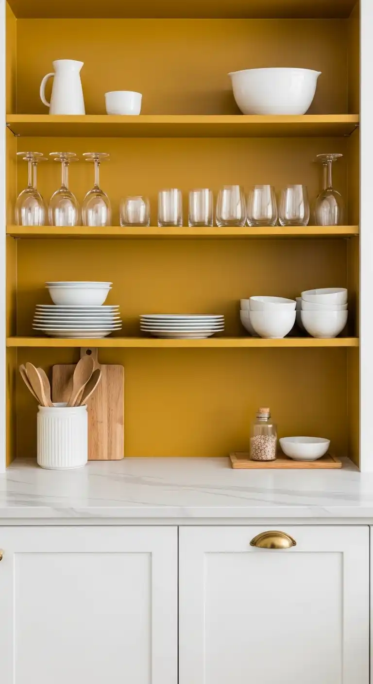 19. Open Shelving with Mustard Backing