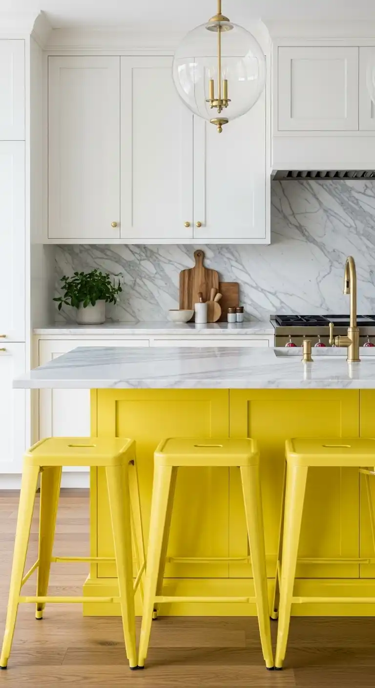 19. The Sunny Yellow Island with a Marble Countertop
