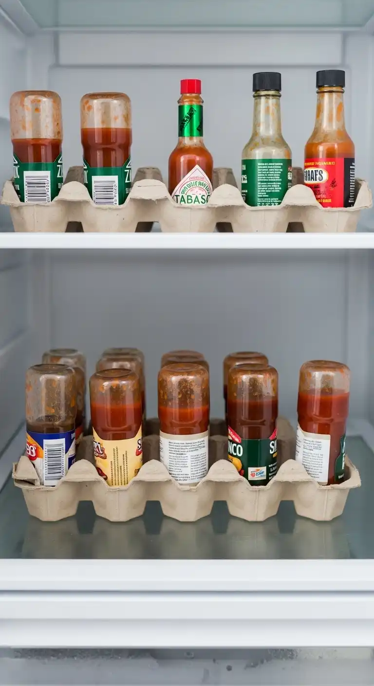 19. Upcycled Egg Cartons for Sauce Bottles