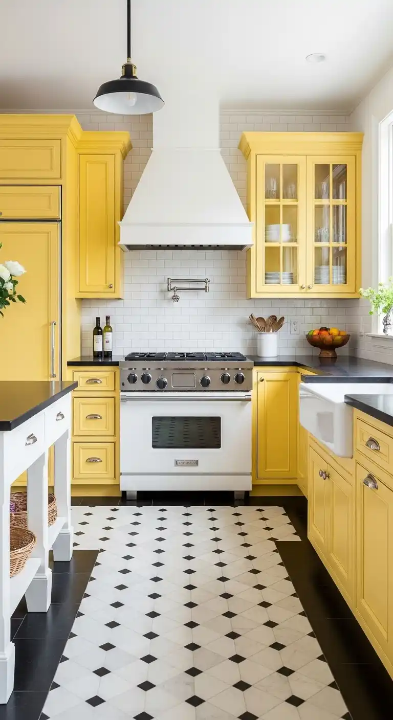 19. Yellow Cabinets with Black and White Flooring
