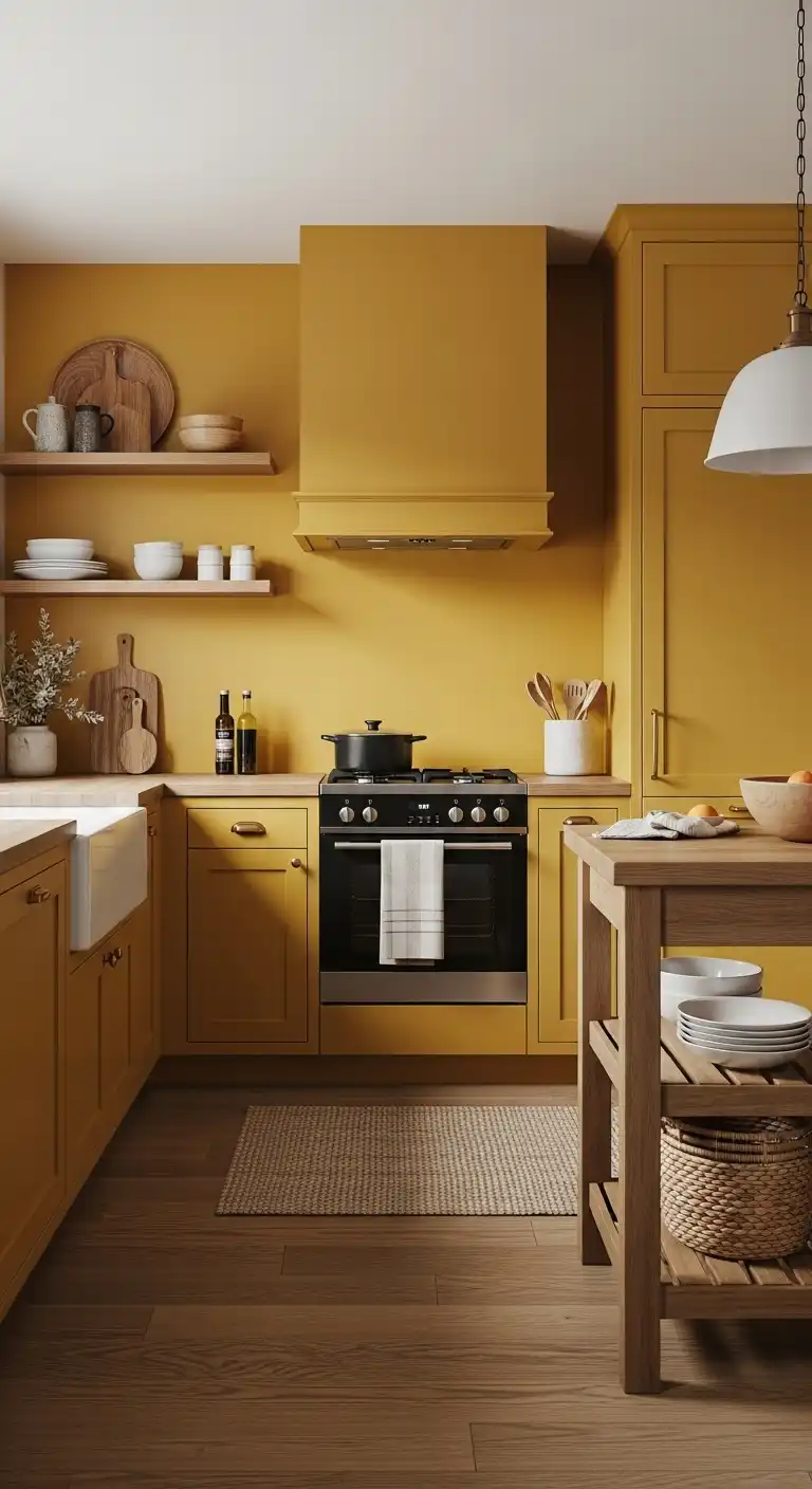 2. Muted Mustard with Wood Accents