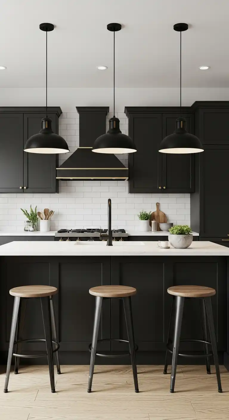 20. Black Pendant Lights over Island