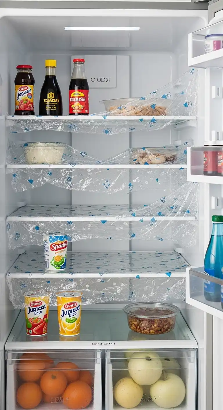 20. Plastic Wrap on Fridge Shelves