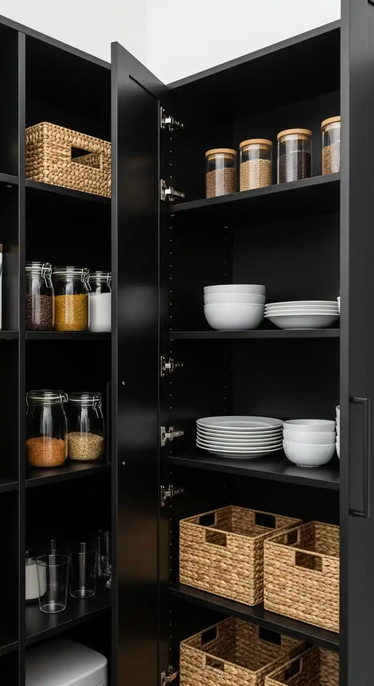 21. Black Open Pantry Shelves