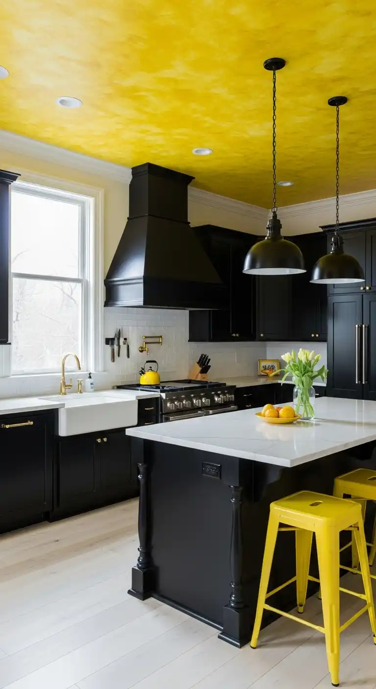 21. Black and Yellow Kitchen with a Painted Ceiling