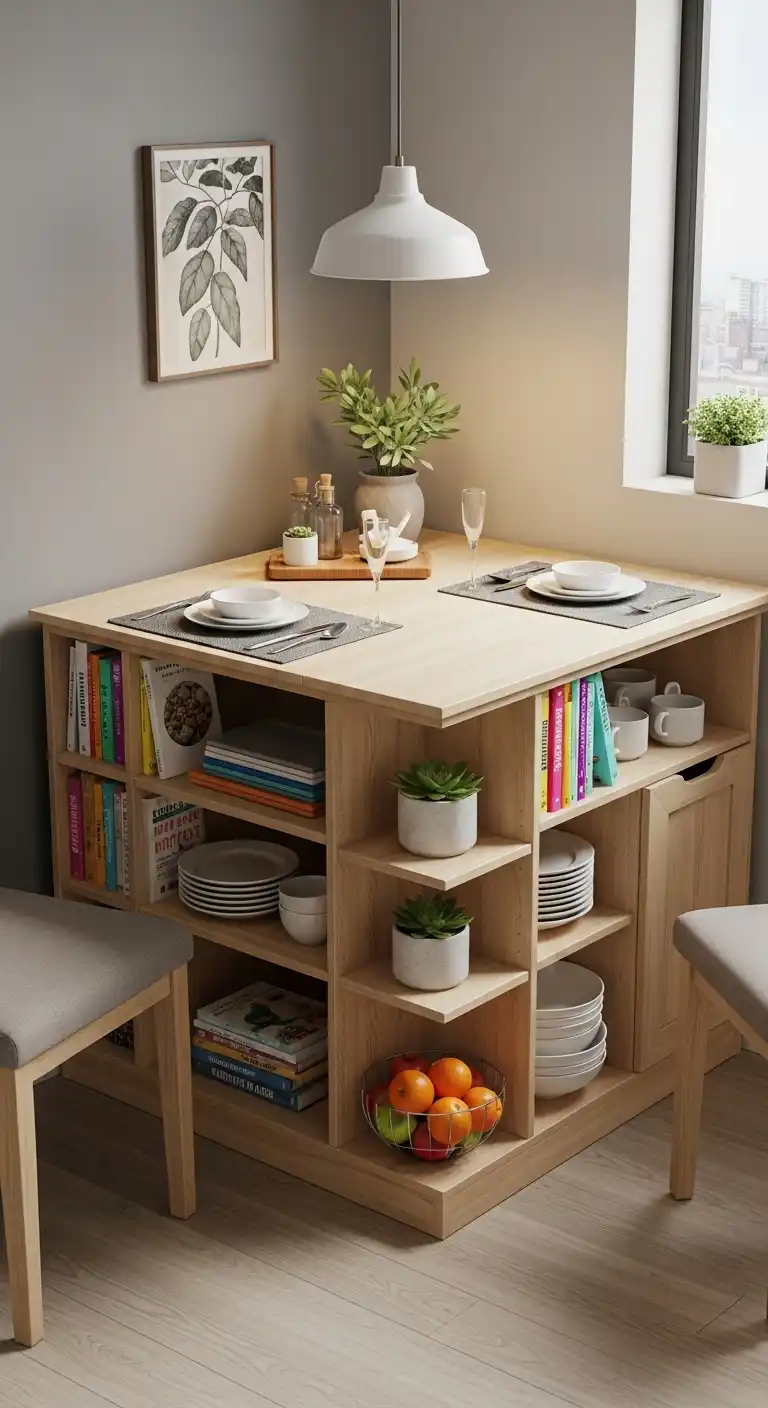 21. Compact Corner Dining Table with Multi-Level Storage